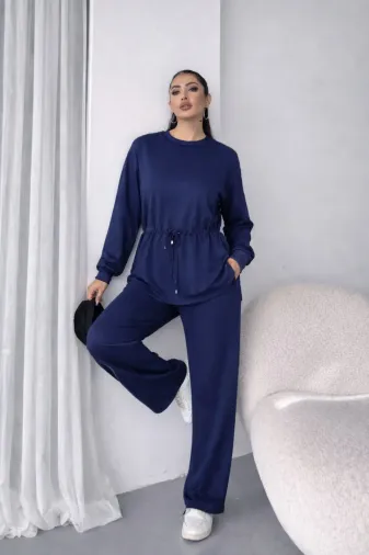 Kadın Uzun Kollu Bisiklet Yaka Belden Büzgülü Bağcıklı Viskon Iki Iplik Bluz Ve Pantolon Ikili Takım - 2XL-3XL - Siyah