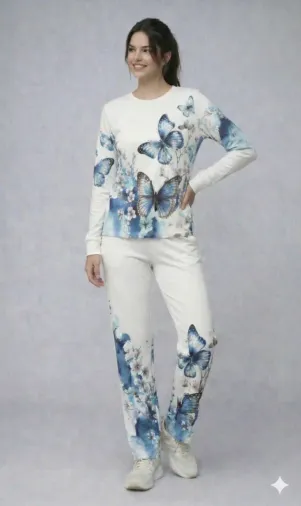 Kadın Uzun Kollu Bisiklet Yaka Kelebek Desenli Iki Iplik Alt üst Takım - 2XL-3XL - Beyaz
