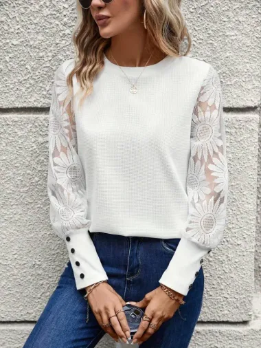 Kadın Uzun Kollu Bisiklet Yaka Kolları çiçekli Waffle Bluz - L-XL - Beyaz