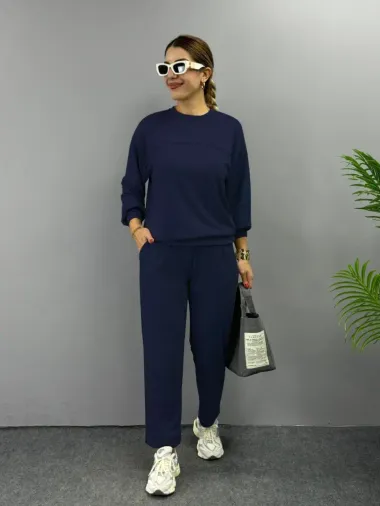 Kadın Uzun Kollu Bisiklet Yaka Viskon Iki Iplik Bluz Ve Pantolon Ikili Takım - 2XL-3XL - Lacivert