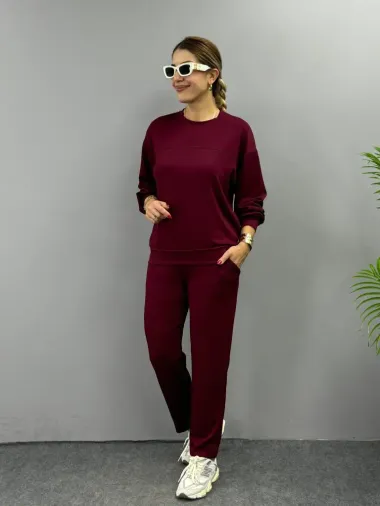 Kadın Uzun Kollu Bisiklet Yaka Viskon Iki Iplik Bluz Ve Pantolon Ikili Takım - S-M - Bordo