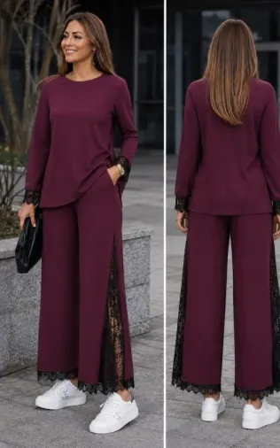 Kadın Uzun Kollu Bisiklet Yakalı Dantel Detaylı Viskon Iki Iplik Bluz Ve Pantolon Ikili Takım - S-M - Bordo