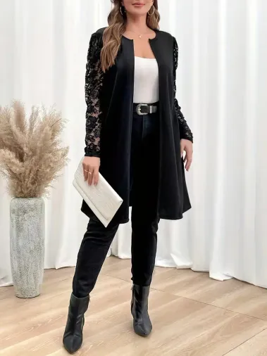 Kadın Uzun Kollu Dantel Detaylı önü Açık Midi Modal Ceket - S-M - Siyah