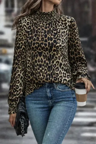 Kadın Uzun Kollu Gipe Detaylı Balıkçı Yaka Leopar Desenli Süprem Bluz - L-XL - Leopar