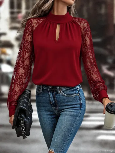 Kadın Uzun Kollu Göğüs Pencere Detay Yaka Boğazlı Kolları Tüllü Sandy Bluz - L-XL - Bordo