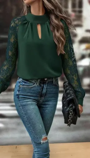 Kadın Uzun Kollu Göğüs Pencere Detay Yaka Boğazlı Kolları Tüllü Sandy Bluz - L-XL - Yeşil