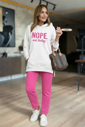 Kadın Uzun Kollu Kapşonlu Bağcıklı Viskon Iki Iplik Sweat - S-M - Pembe