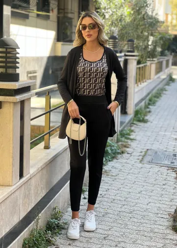 Kadın Uzun Kollu Krep üçlü Takım - L-XL - Siyah