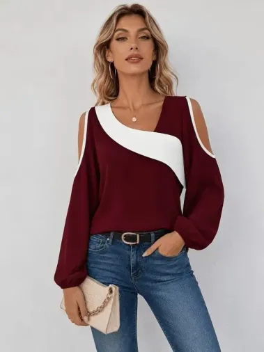 Kadın Uzun Kollu Omuzlardan Açık Asimetrık Yaka Detaylı çift Renkli Janjan Krep Bluz - L-XL - Bordo