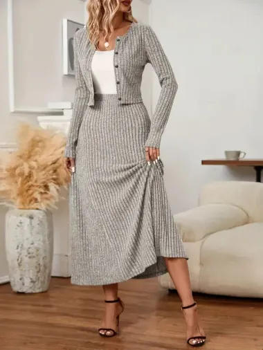 Kadın Uzun Kollu önden Düğmeli Bluz Ve Yüksek Bel A Kesim Uzun Etek şardonlu Kaşkorse Ikili Takım - 2XL-3XL - Gri
