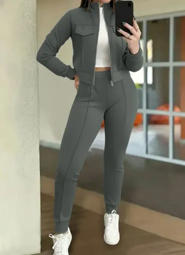 Kadın Uzun Kollu önden Fermuarlı Kısa Modal Ceket Ve Pantolon Ikili Takım - L-XL - Yeşil