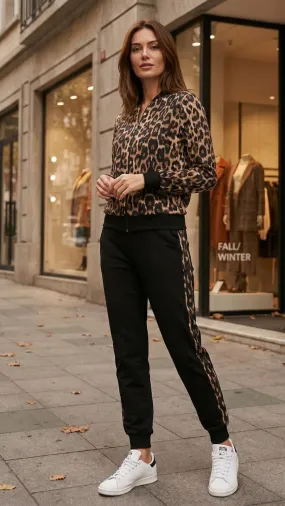 Kadın Uzun Kollu önden Fermuarlı Leopar Desen Detaylı Viskon Iki Iplik Kumaş Ikili Takım - L-XL - Leopar