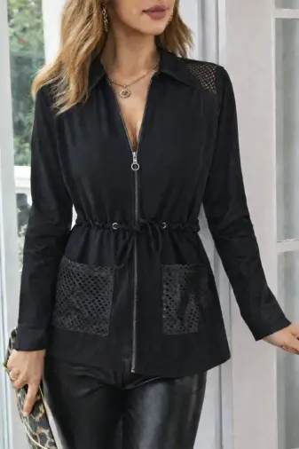 Kadın Uzun Kollu önü Fermuarlı File Detaylı Belden Bağcıklı Kısa Modal Ceket - L-XL - Siyah