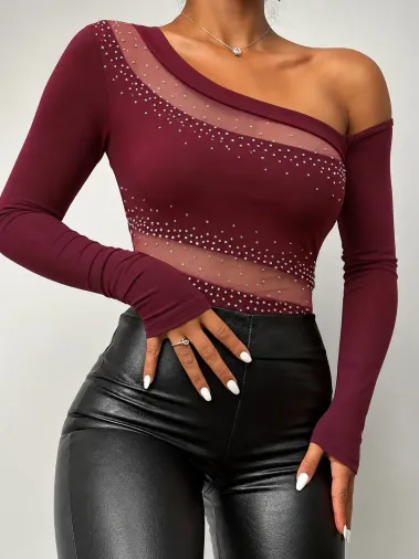 Kadın Uzun Kollu Tek Omuzdan Açık Taslı Ve Tul Detaylı Dalgıç Bluz - 2XL-3XL - Bordo
