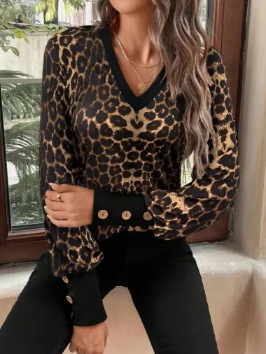 Kadın Uzun Kollu V Yakalı Desenli Süprem Bluz - S-M - Leopar