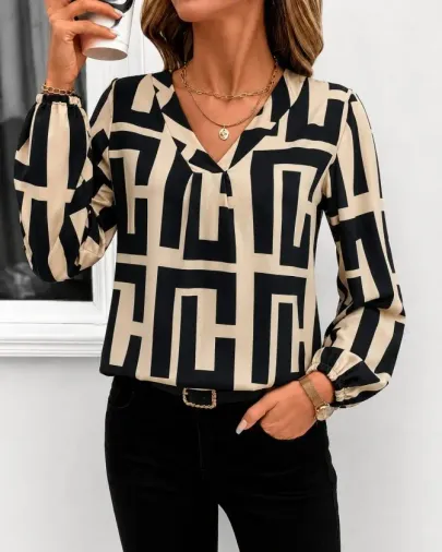 Kadın Uzun Kollu V Yakalı önden Pileli Leopar Desenli Süprem Bluz - L-XL - Altın