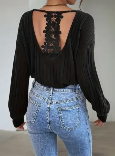 Kadın Uzun Kollu V Yakalı Pencere Sırt Dantel Detaylı Kalın Fitilli Kaşkorse Bluz - 2XL-3XL - Siyah