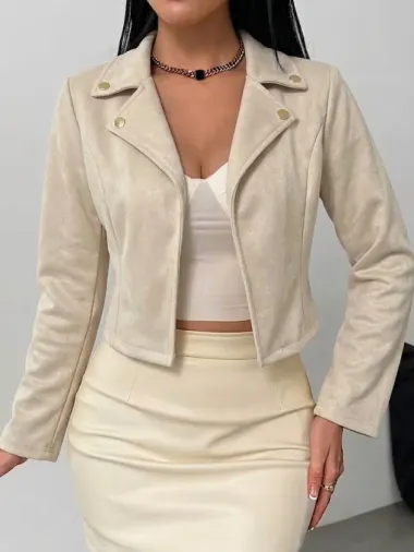 Kadın Uzun Kollu Yakalı önu Açık Düğme Detaylı Kısa Süet Ceket - 2XL-3XL - Bej