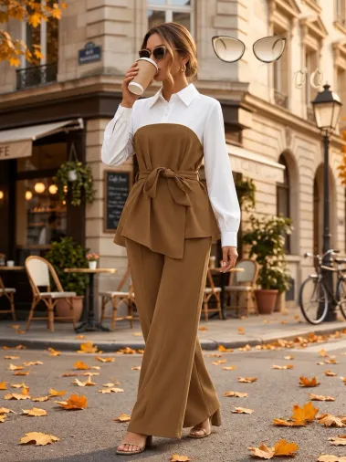 Kadın Uzun Kollu Yakalı üst Kısmı Trikoton Asimetrik Detaylı Belden Kuşaklı Ithal Krep Bluz Ve Yırtmaçlı Pantolon Ikili Takım - 2XL-3XL - Kahve