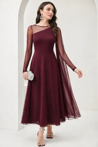 Kadın Uzun Kollu Yarı Balıkçı Yaka Tül Detaylı Uzun Sandy Elbise - L-XL - Bordo