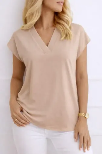 Kadın V Yaka Kısa Kol Dokuma Viskon Kumaş Bluz - 2XL-3XL - Bej