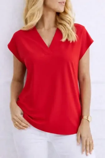 Kadın V Yaka Kısa Kol Dokuma Viskon Kumaş Bluz - L-XL - KIRMIZI