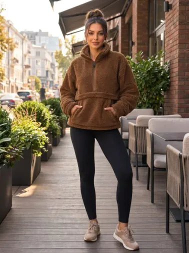 Kadın Yarım Fermuarlı Kanguru Cepli Peluş Wellsoft Sweatshirt - L - Acı Kahve