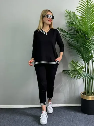 Kadın Yeni Sezon Uzun Kollu Ribana Detay Ikili Takım - S - Siyah