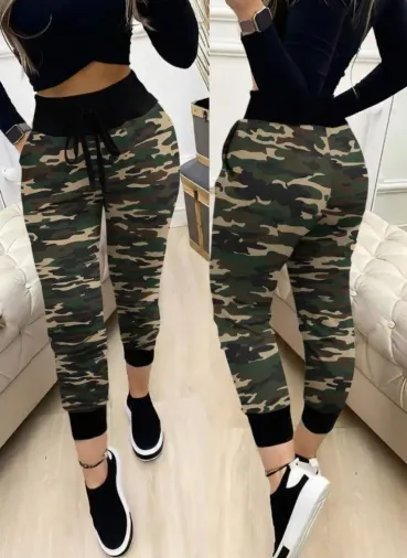 Kadın Yüksek Bel Bağcıklı Desenli Iki Iplik Pantolon - 2XL-3XL - Kamuflaj