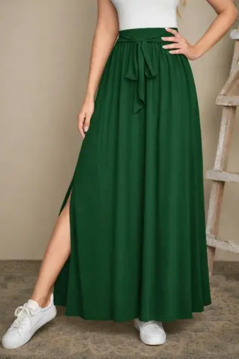 Kadın Yüksek Bel Bei Kuşaklı Yandan Yırtmaçlı Uzun Sandy Etek - 2XL-3XL - Yeşil