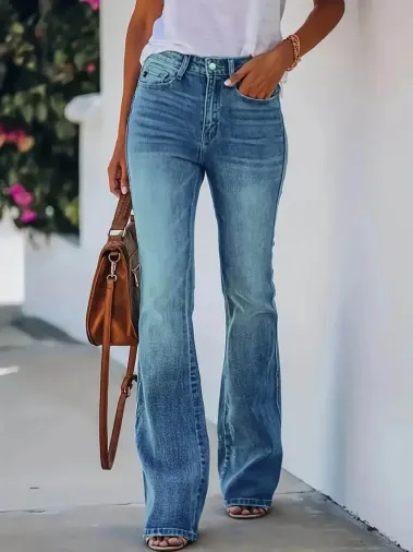 Kadın Yüksek Bel Cepli Paçaya Doğru Ispanyol Kot Pantolon - 3XL - Mavi