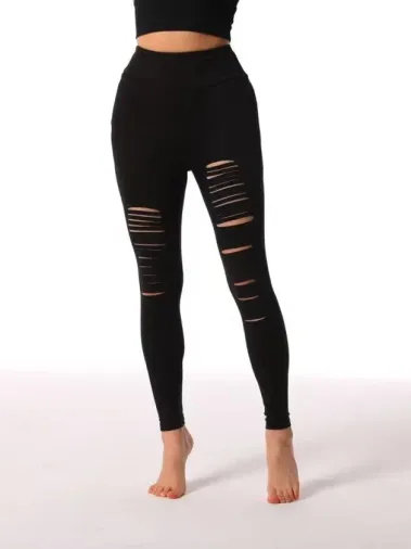 Kadın Yuksek Bel önden Yırtık Desenli şardonlu Dalgıç Tayt - 2XL-3XL - Siyah