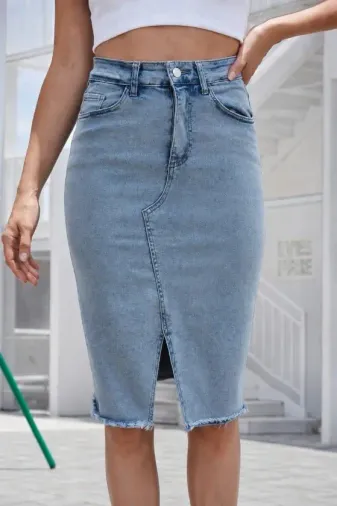 Kadın Yüksek Bel önden Yırtmaçlı Kısa Kot Etek - 2XL - Mavi