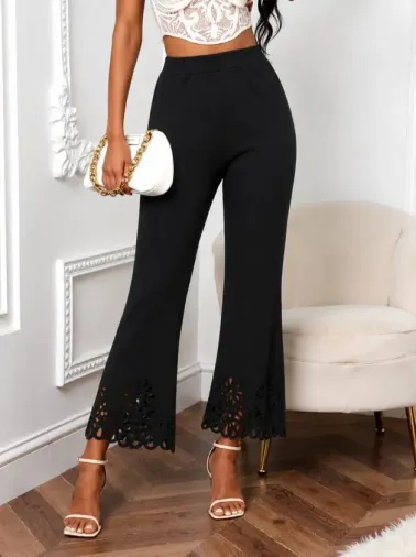 Kadın Yüksek Bel Paçaya Doğru Genişleyen Lazer çiçek Kesim Detaylı Ithal Krep Pantolon - 2XL-3XL - Siyah