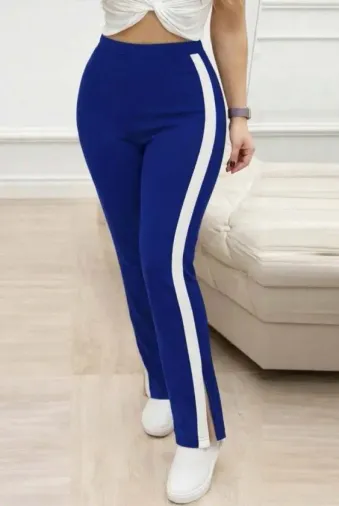 Kadın Yüksek Bel Yan şerit Detaylı Yırtmaçlı Viskon Iki Iplik Pantolon - 2XL-3XL - Lacivert