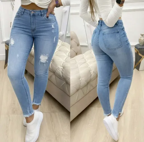 Kadın Yüksek Bel Yırtık Desenli Skınny Kot Pantolon - XL - Mavi