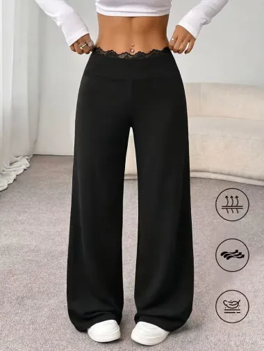 Kadın Yüksekbel Dantelli Paçaya Doğru Geniş Modal Pantolon - S-M - Siyah