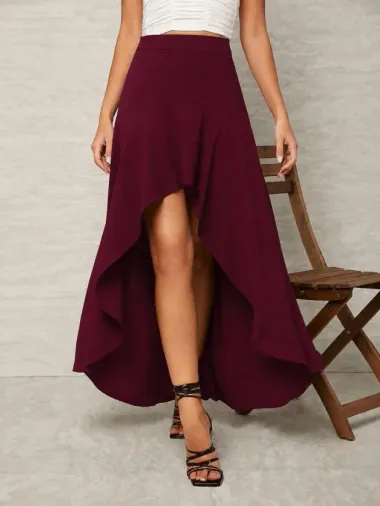 Kadın Yüksel Bel önden Asimetrik Detaylı Sandy Etek - 2XL-3XL - Bordo