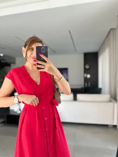 Kadınn V Yaka Düğme Detay Kuşak Dahil Elbise