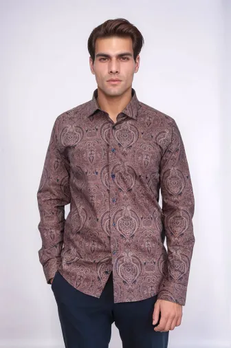 Kahverengi Desenli Slim Fit Gömlek - Wessi - 3XL / Kahverengi