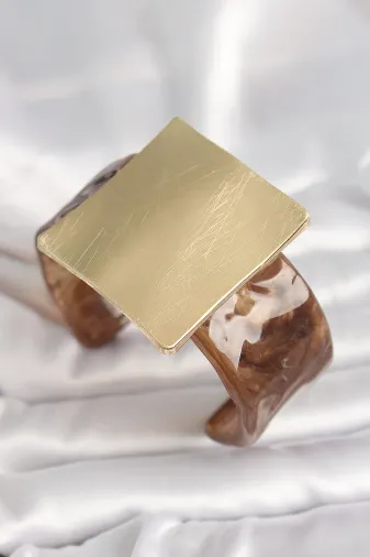 Kahverengi Mermer Desen Akrilik Plastik Gold Kare Plaka Model Vintage Kadın Bilezik TJ-BB6682