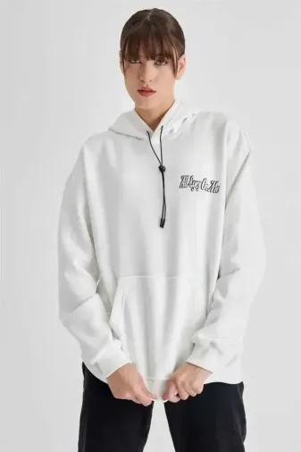 Kapüşonlu Sırt Baskılı Üç İplik Oversize Sweatshirt - Beyaz - S - Beyaz