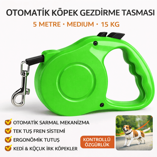 Karamel Otomatik Köpek Gezdirme Tasması Medium 5 Metre 15 kg Yeşil