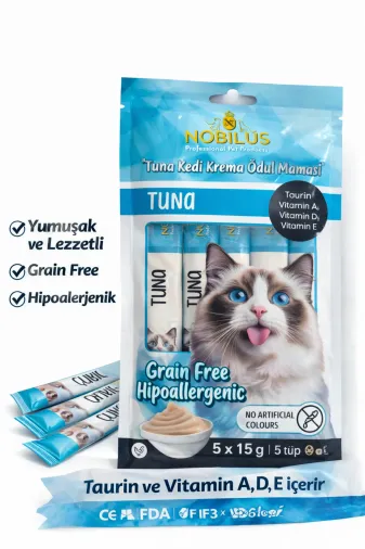 karamelpet 13460-4 Nobilus Ton Balıklı Etli Kedi Krema Ödül Maması 5 X 15 Gr