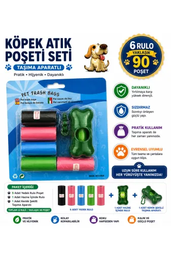 karamelpet 13492 Köpek Dışkı Poşeti 6 Rulo + Taşıma Aparatı Hediyeli ( 90 Poşet - 6 Rulo )