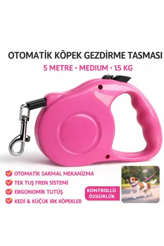 karamelpet KP-M-5MT-PMB Otomatik Köpek Gezdirme Tasması 5 Metre Medium 15 Kg Pembe Kilitli Makaralı Şerit