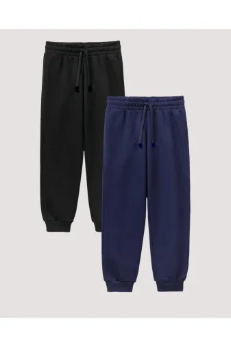 KARB 2LILCVRTSYH Unisex Çift Cepli Organik Pamuklu Kumaş Jogger  Siyah-Lacivert Çocuk Eşofman Altı