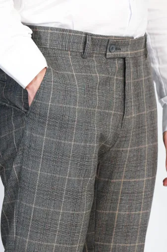 Kare Desenli Slim Fit Füme Erkek Pantolon - Wessi