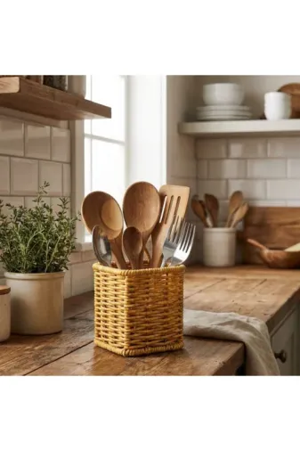 ® Kare Hasır Dokulu Plastik Rattan Kaşıklık & Çatallık – Askılı Kendili�