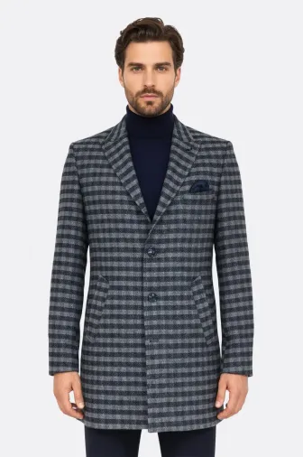 Kaşe Kareli Geniş Yaka Slim Fit Lacivert Erkek Palto - Wessi